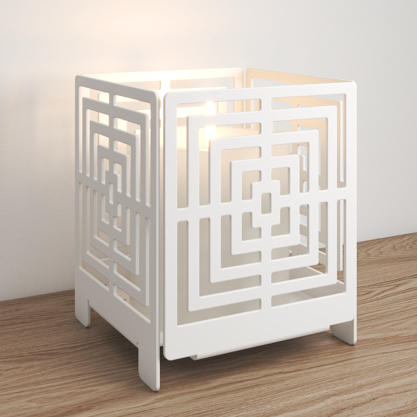 White maze-patterned lamp on a wooden floor with a white wall background
