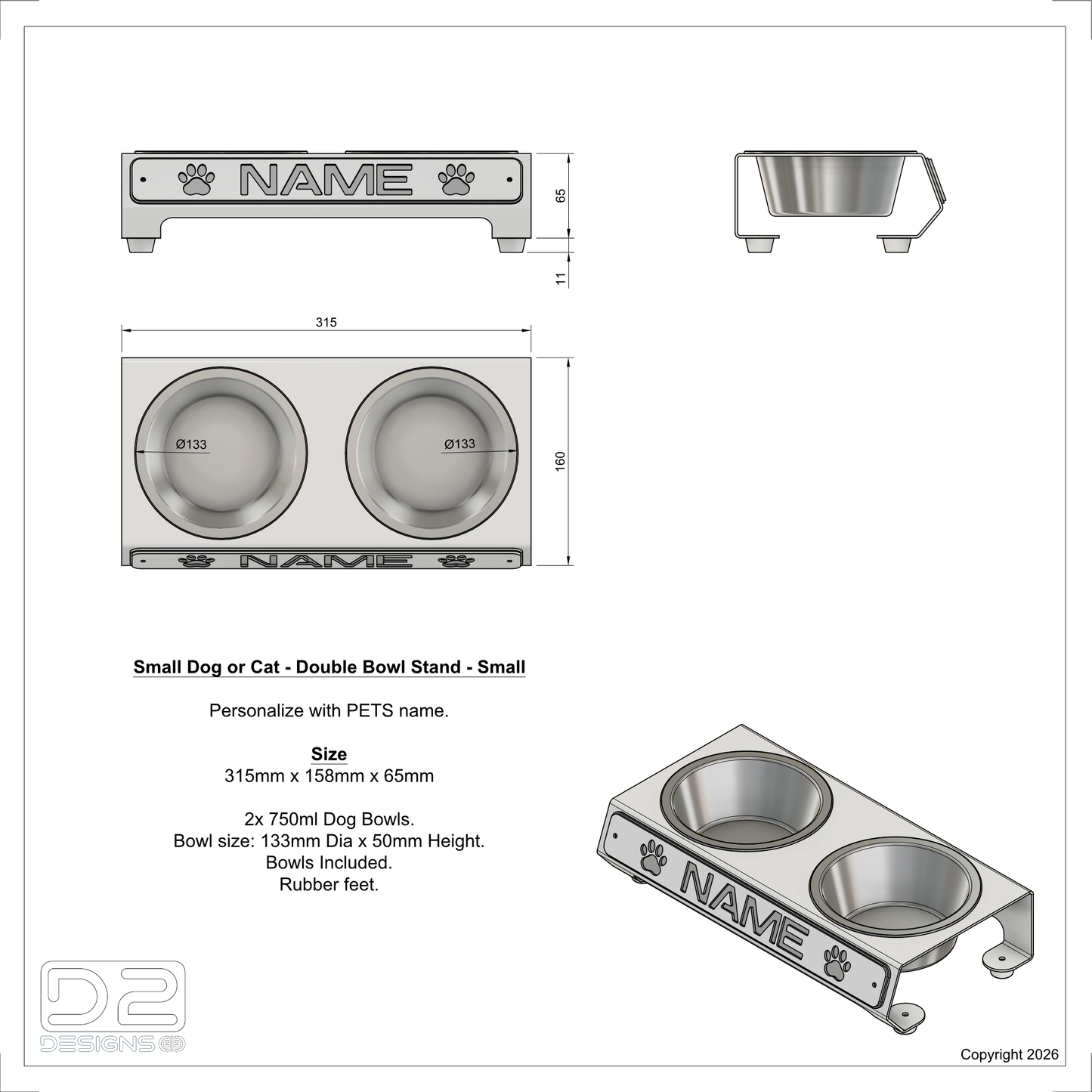 Small Dog/Cat - Personalized Bowl Stand - Small
